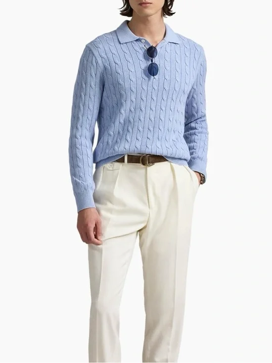 Ralph Lauren Light Blue Cable-Knit Polo Sweater 100% Cotton - Picture 3 of 5